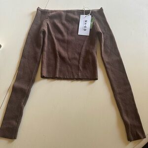 NA-KD Brown Ribbed Off-Shoulder Top